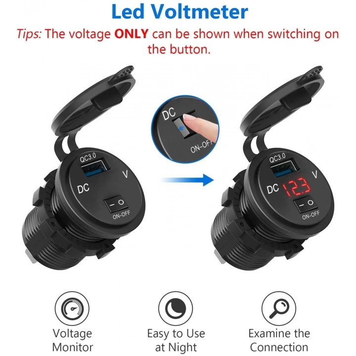 USB priz soket QC3.0 araba şarjı 12V/24V Ledli dijital voltmetre ile On/Off anahtarı