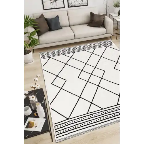 PALERMO 6815 Siyah Kemik Çift Taraflı Yıkanabilir Dokuma Kolay Temizlenir Halı Kilim