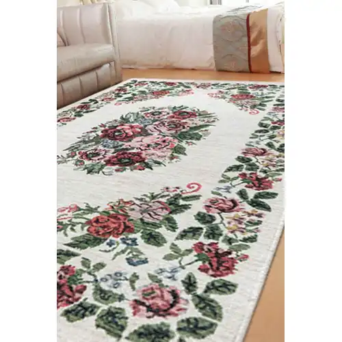 VALENCIA 1503 Çiçek Desenli Kaymaz Taban Yıkanabilir Modern Halı Kilim