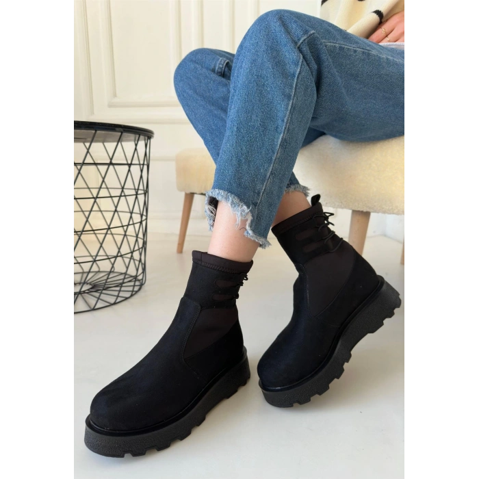 Jety Siyah Süet Bilekten Bağcıklı Bot