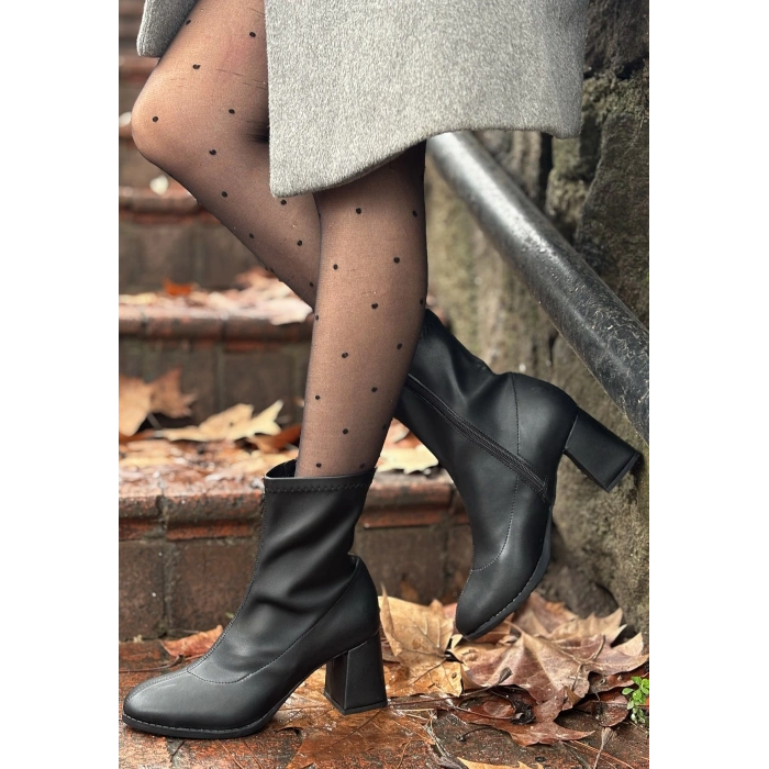 Kayte Siyah Cilt Streç Topuklu Bot