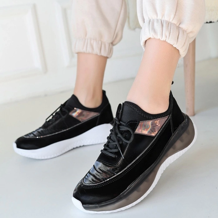 Nadio Siyah Rugan Siyah Tabanlı Bağcıklı Spor Ayakkabı