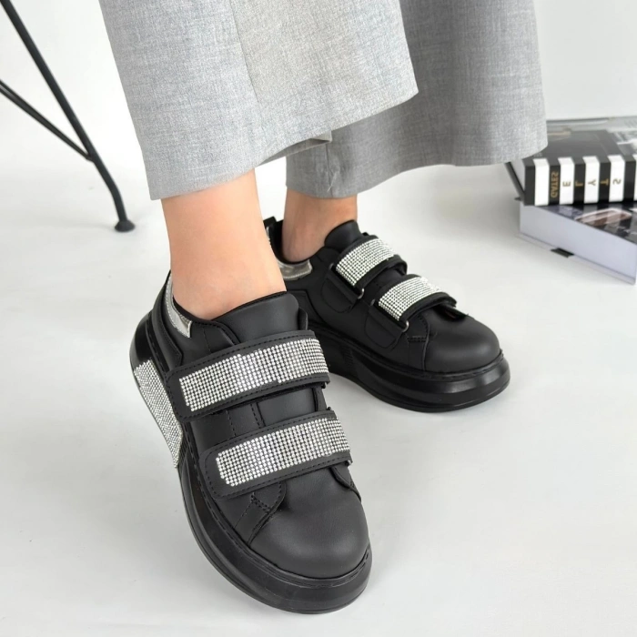 Nino Siyah Cilt Simli Cırt Cırtlı Spor Ayakkabı