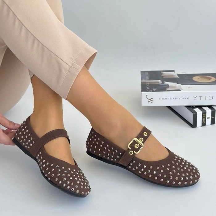 Olise Kahverengi Boncuk İşlemeli Babet Ayakkabı