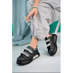 Nino Siyah Cilt Simli Cırt Cırtlı Spor Ayakkabı