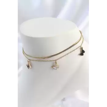 316L Çelik Gold Renk 2Li İalyan Zincir Model Sallantı Kelebek Model Kadın Halhal