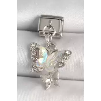 316L Çelik Gümüş Renk Zirkon Taşlı Beyaz Kelebek Model Nomination Charm