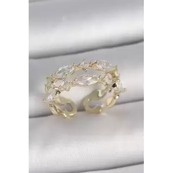 Pirinç Gold Renk 2Li Damla Zirkon Taşlı Ayarlanabilir Kadın Yüzük