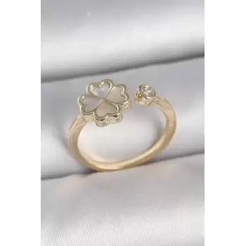Pirinç Gold Renk Beyaz Mineli Yonca Model Zirkon Taş Detay Ayarlanabilir Kadın Yüzük
