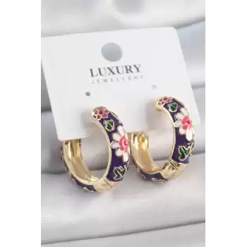Pirinç Gold Renk Halka Model Mor Çiçek Mineli Kadın Küpe