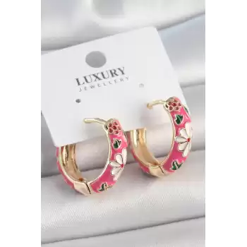 Pirinç Gold Renk Halka Model Pembe Çiçek İşlemeli Kadın Küpe
