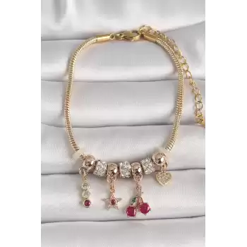 Pirinç Gold Renk Zincir Sallantı Zirkon Taşlı Kiraz Figür Kalp Detay Kadın Bileklik