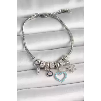 Pirinç Gümüş Renk Sallantı Mavi Taşlı Kalp Figür Zirkon Taşlı Kar Tanesi Detay Charm Kadın Bileklik