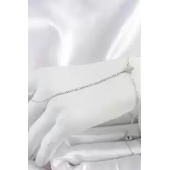 Pirinç Gümüş Renk Su Yolu Zirkon Taşlı İşlemeli Yonca Model Kadın Şahmeran