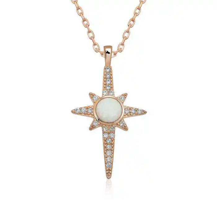 ​Gümüş Beyaz Opal Taşlı Kuzey Yıldızı Kolye