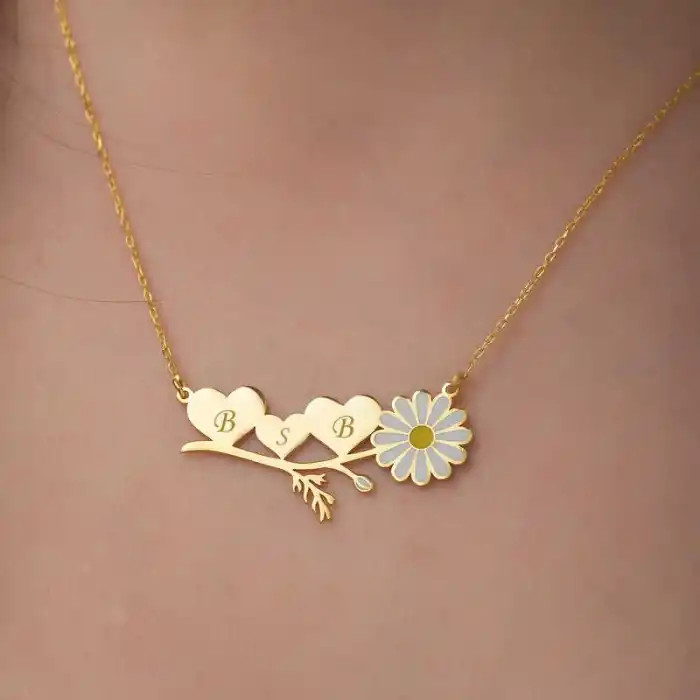 ​Gümüş Gold Kişiye Özel Kalpli Papatya Kolye