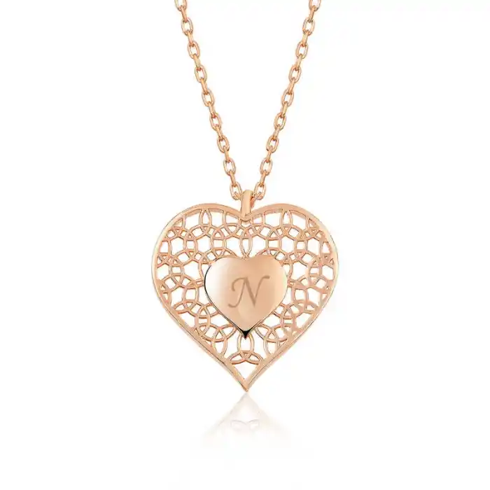 ​Gümüş Rose Kişiye Özel Kalbin İçinde Kalp Bayan Kolye