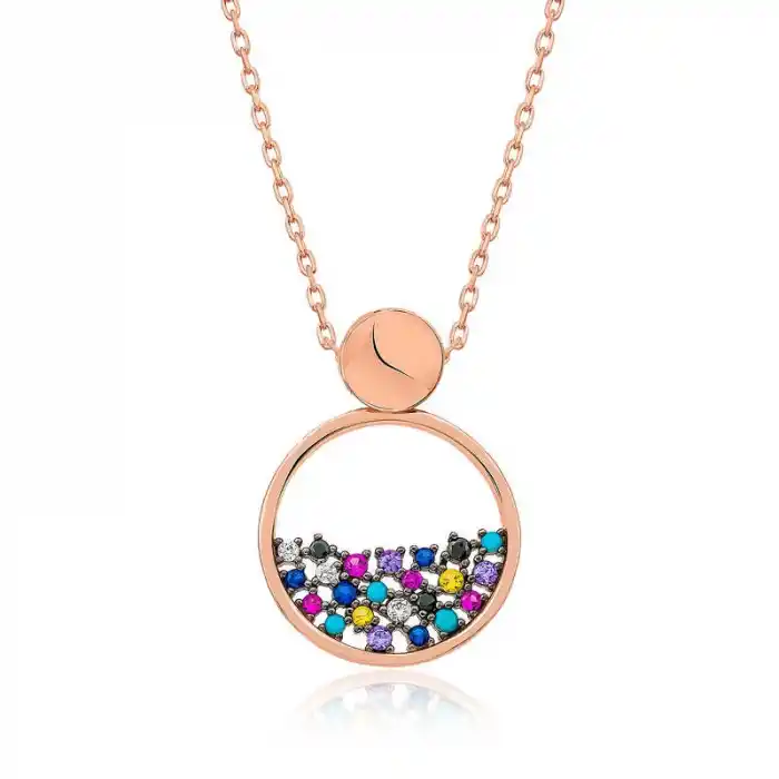 ​Gümüş Rose Mix Taşlı Çiğ Damlası Bayan Kolye