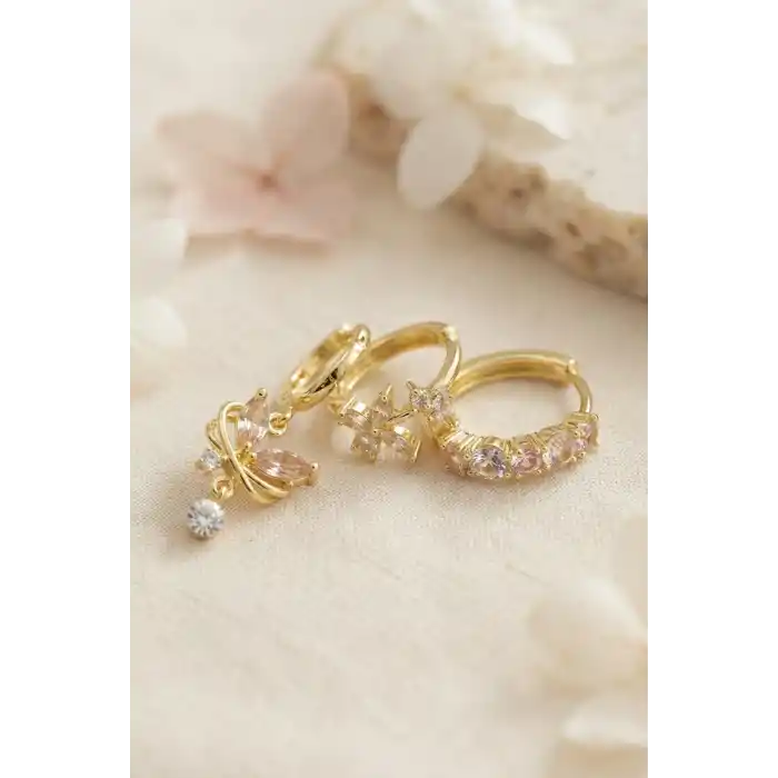 3 lü Set Gold Renk Zirkon Taşlı Kelebek Model Küpe