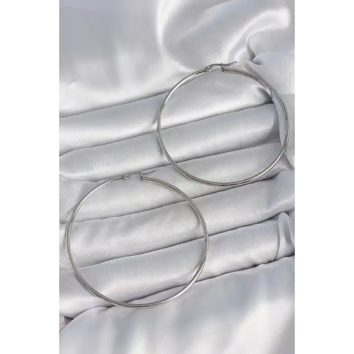 316 Çelik Gümüş Renk 63 mm Halka Model Kadın Küpe