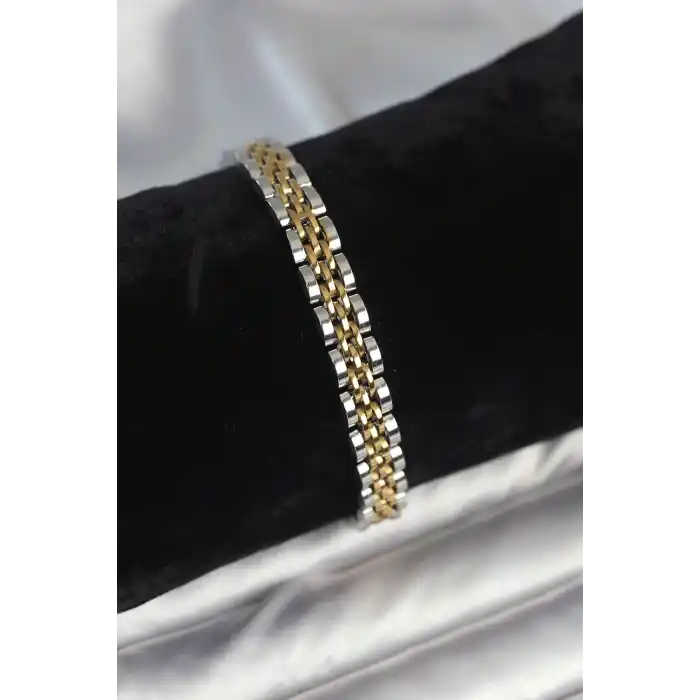 316L Çelik 7 mm Kalınlıkta Gold ve Gümüş Renkli Erkek Bileklik