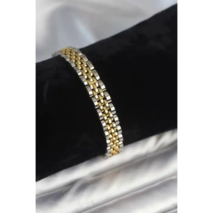 316L Çelik 9 mm Kalınlıkta Gold ve Gümüş Renkli Erkek Bileklik