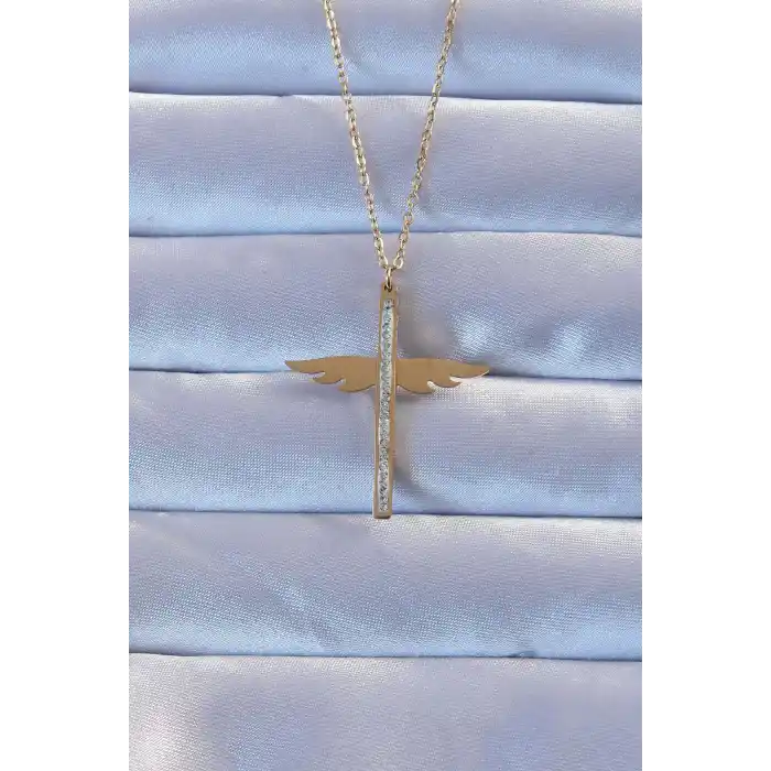 316L Çelik Altın Renk Zirkon Taşlı Mikail Kolye