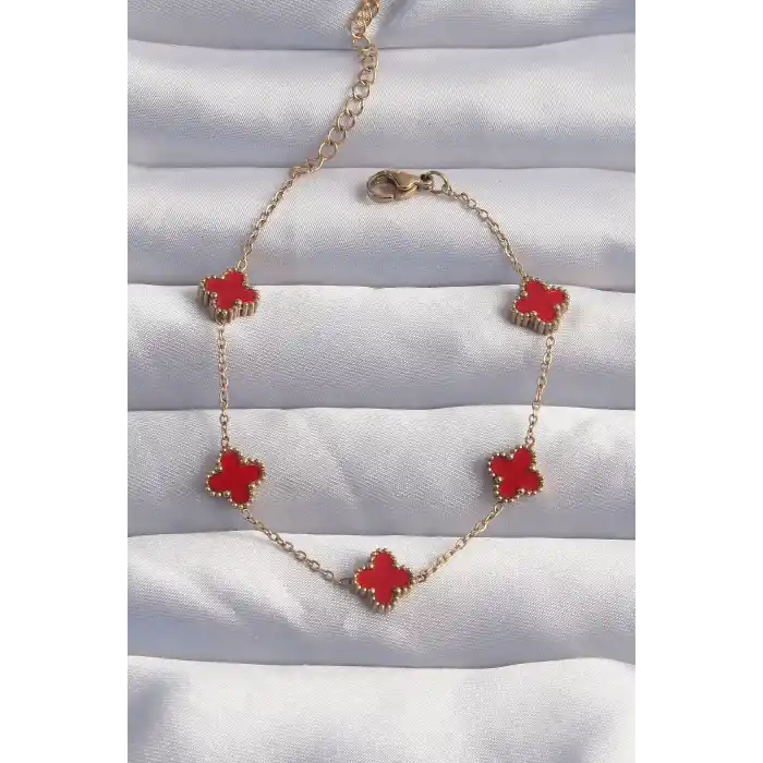 316L Çelik Baby Boy Gold Renk Kırmızı Mineli Yonca Bileklik