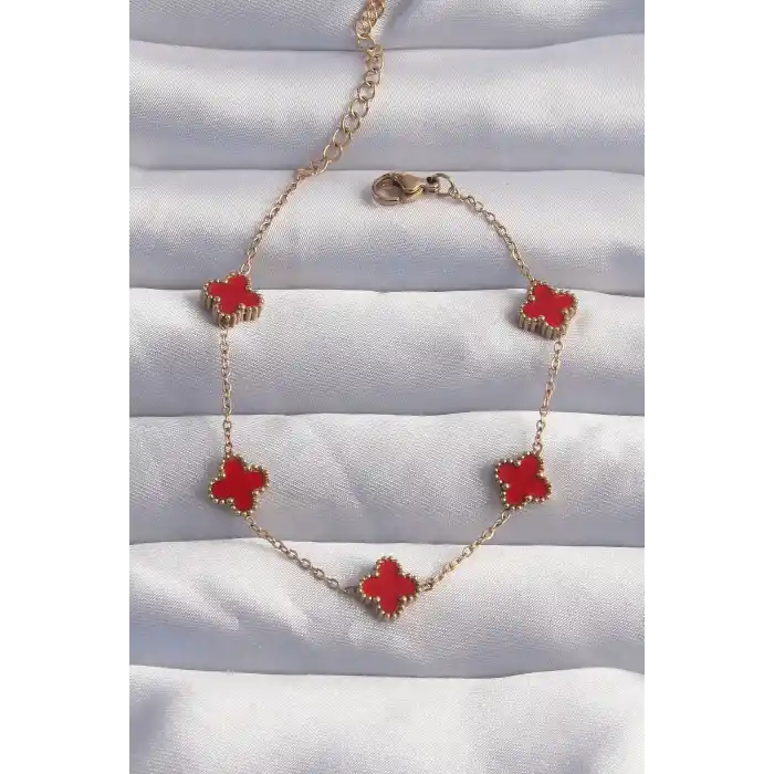 316L Çelik Baby Boy Gold Renk Kırmızı Mineli Yonca Bileklik