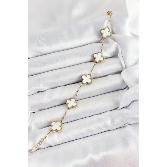 316L Çelik Beyaz Sedef Yonca Model Gold Renk Kadın Bileklik