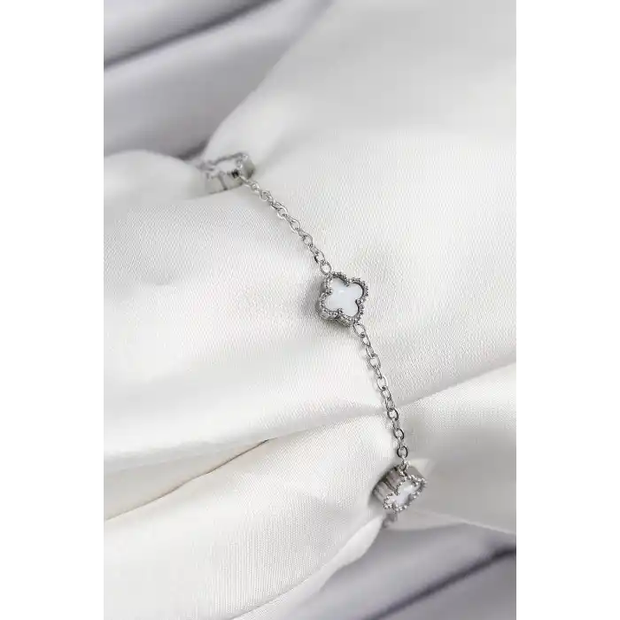 316L Çelik Beyaz Sedef Yonca Model Gümüş Renk Kadın Bileklik