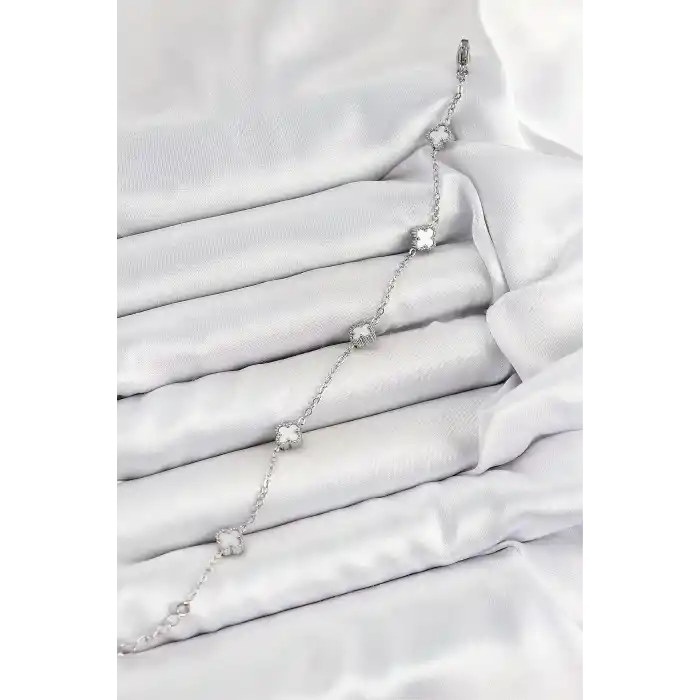 316L Çelik Beyaz Sedef Yonca Model Gümüş Renk Kadın Bileklik