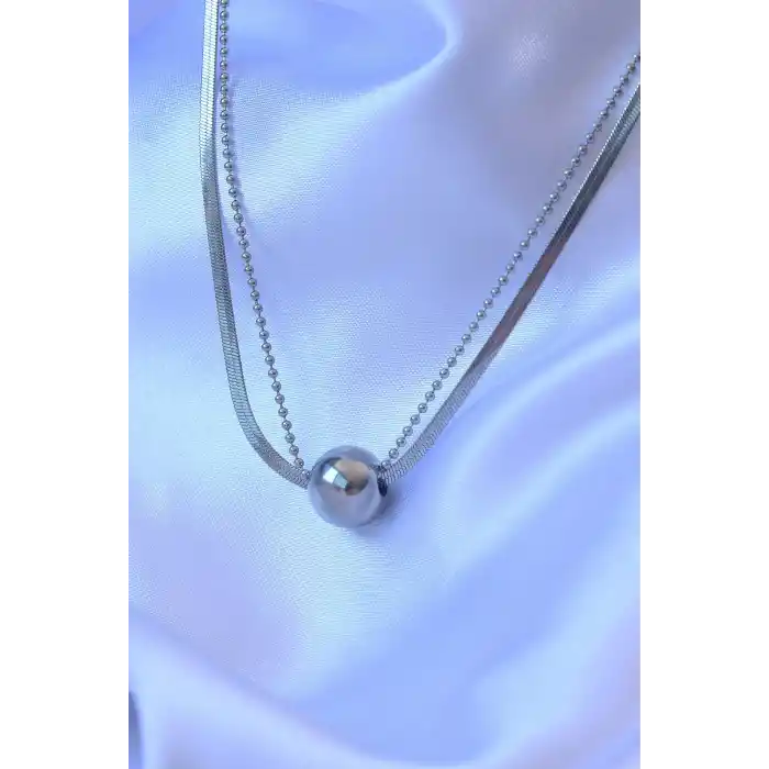 316L Çelik Çift Zincirli Gümüş Renk Topçuk İtalyan Model Kolye