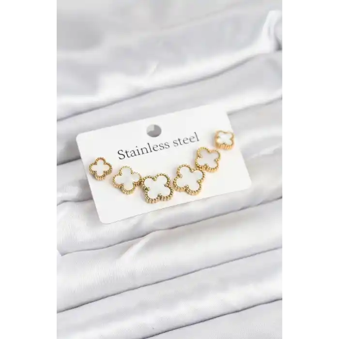 316L Çelik Gold Beyaz Renk 3 Boy Yonca Küpe Seti