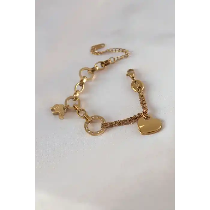 316L Çelik Gold Renk 2li Zincir Model Zirkon Taş Detay Kadın Bileklik