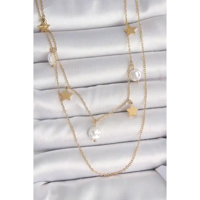 316L Çelik Gold Renk 2Li Zincir Sallantı Yıldız İnci Model Kadın Kolye