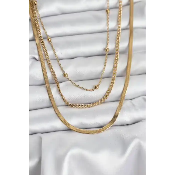 316L Çelik Gold Renk 3lü Kadın Kolye