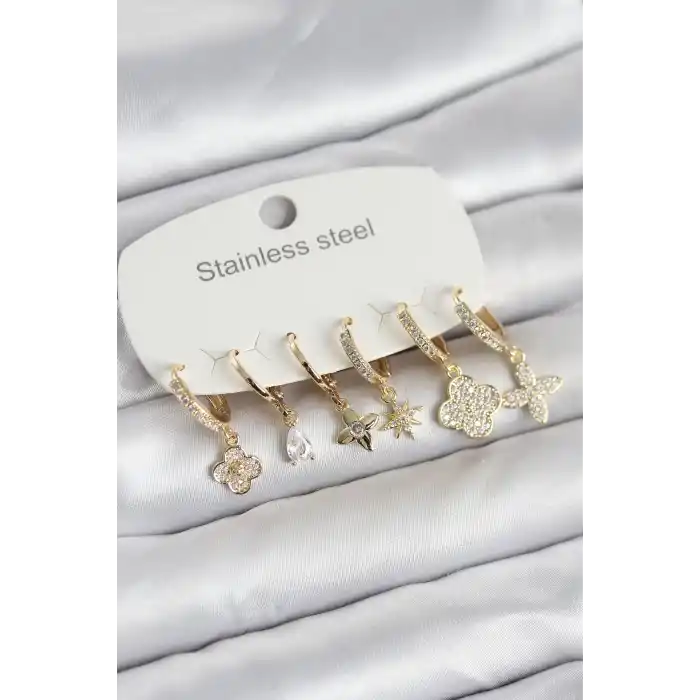 316L Çelik Gold Renk 6lı Set Yonca Model Kadın Küpe