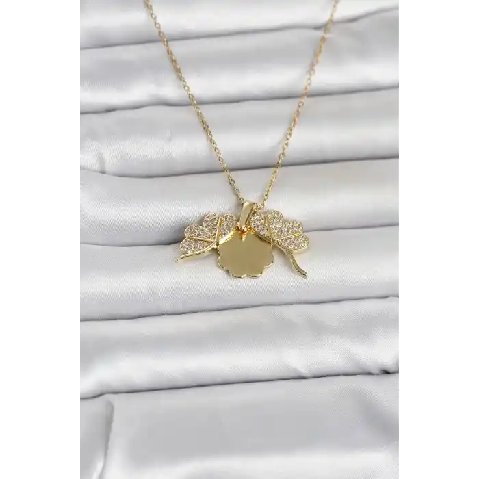 316L Çelik Gold Renk Açılabilir Yonca Model Zirkon Taşlı Kadın Kolye