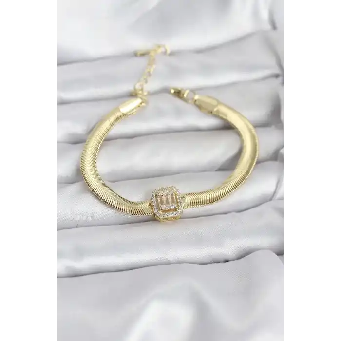 316L Çelik Gold Renk Baget Zirkon Taşlı Yılan Zincirli Kadın Bileklik