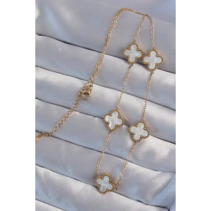 316L Çelik Gold Renk Beyaz Sedefli Yonca Kolye