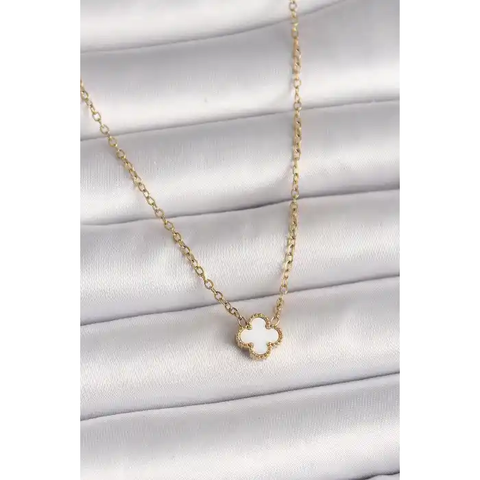 316L Çelik Gold Renk Beyaz Yonca Model Kadın Kolye