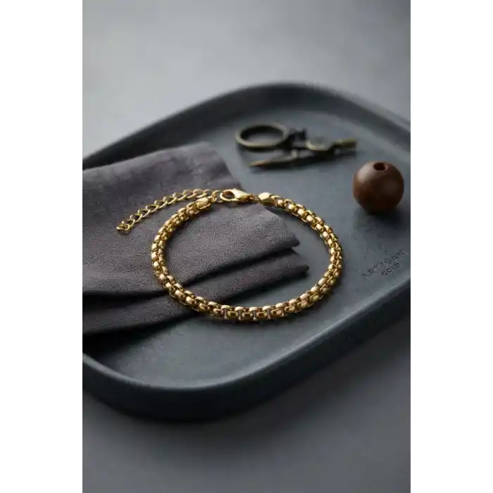 316L Çelik Gold Renk Box Zincir Model Erkek Bileklik