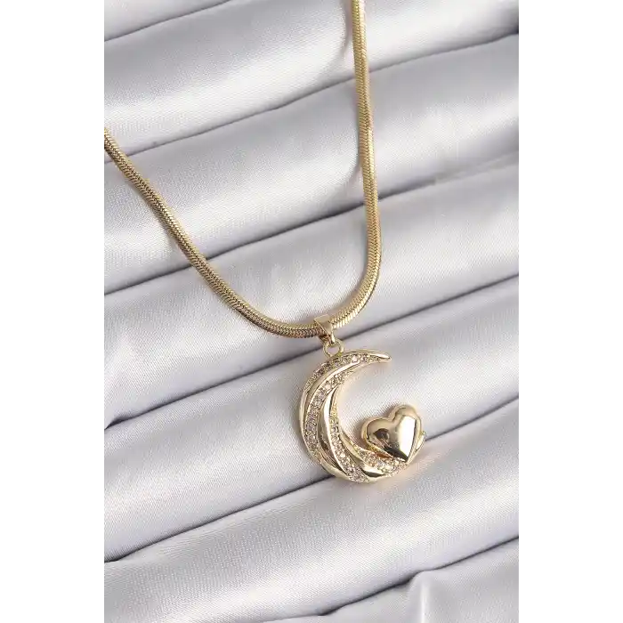 316L Çelik Gold Renk Çelik İtalyan Zincir Zirkon Taşlı Halil Figür Kalp Detay Kadın Kolye