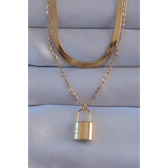 316L Çelik Gold Renk Çift Zincir Kilit Model Kolye