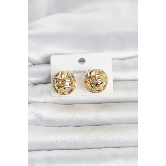 316L Çelik Gold Renk Desenli Top Model Kadın Küpe