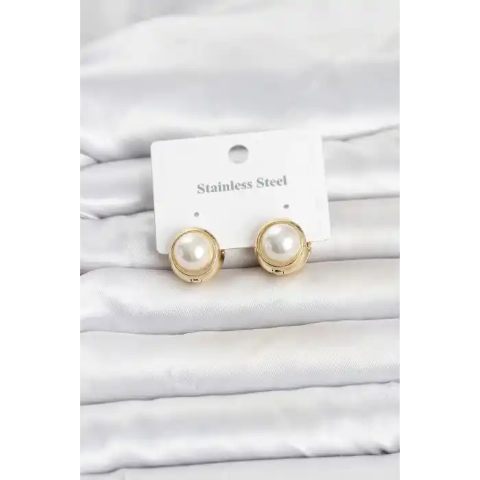 316L Çelik Gold Renk İncili Model Kadın Küpe