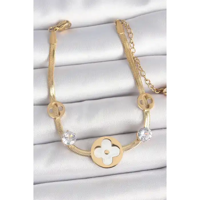 316L Çelik Gold Renk İtalyan Zincir Beyaz Mineli Yonca Model Zirkon Taş Detaylı Kadın Bileklik