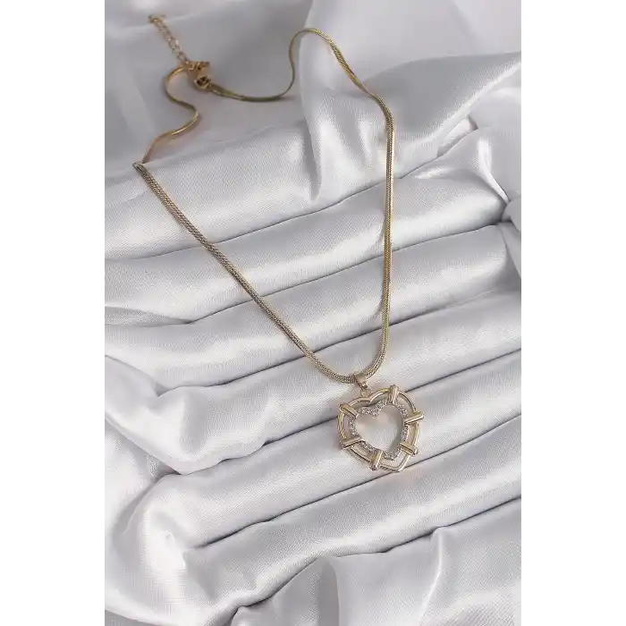 316L Çelik Gold Renk İtalyan Zincir Mix Renk Zirkon Taşlı Kalp Model Kadın Kolye
