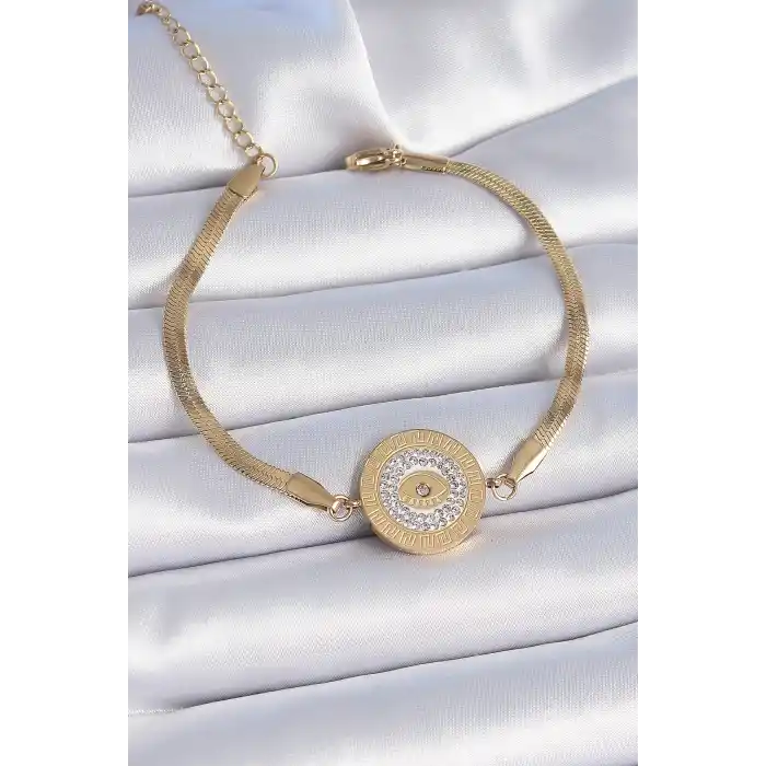 316L Çelik Gold Renk İtalyan Zincir Zirkon Taşlı Göz İşlemeli Madalyon Model Kadın Bileklik